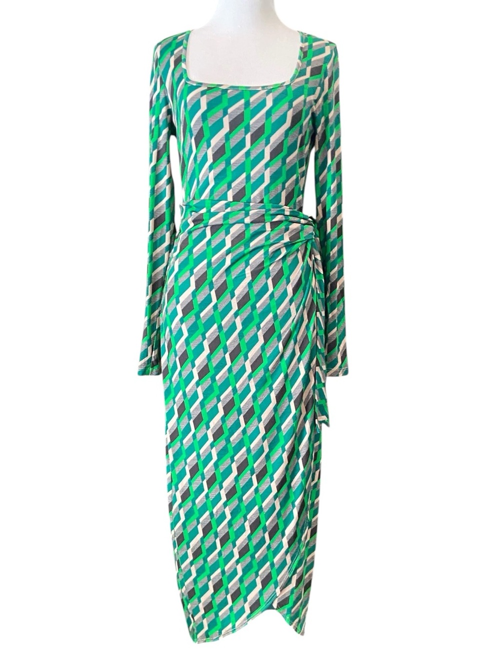 Saint + Sofia Green Geometric Wrap Midi Dress - NWT